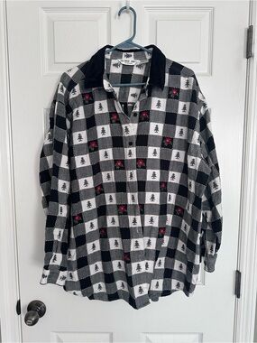 Checked Black & White Button-Down Shirt with Holiday Accents